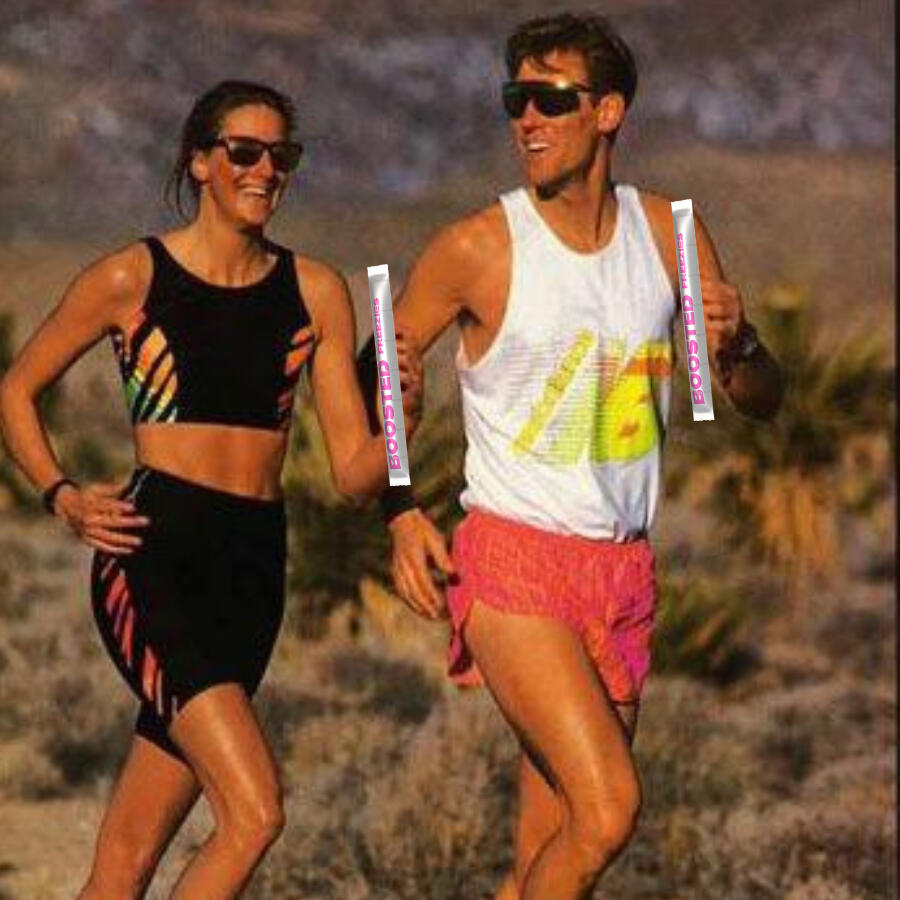 Cool people running with an electrolyte freezy In the 90's people didn't have electrolyte freezies, this couple has a render of a freezy in their hands.